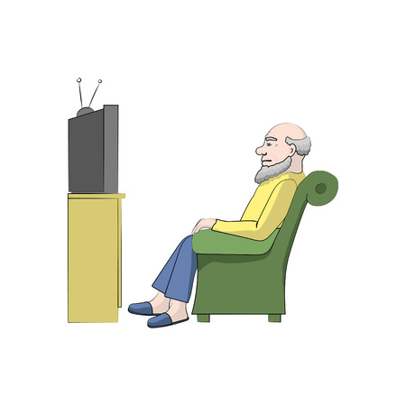 Grandpa watches TV. Vector color illustrationのイラスト素材