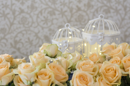 Bouquet of peach roses with garlands and cellsの写真素材