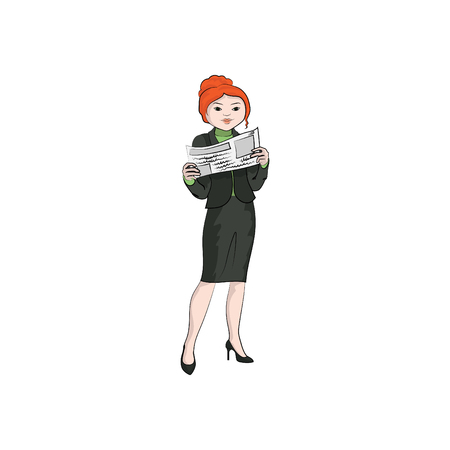 Businesswoman (girl, woman) reading a newspaper. Vector color illustrationのイラスト素材
