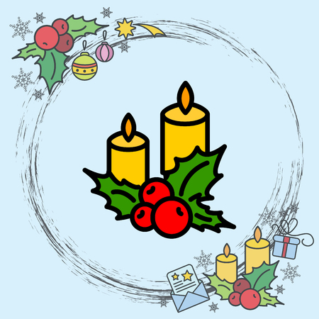 Web line icon. Christmas candle and holly berryのイラスト素材