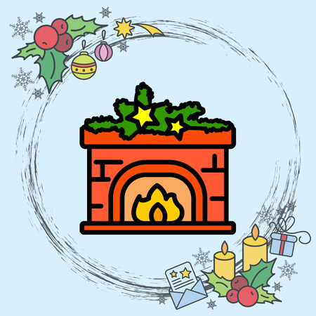 Web line icon. Fireplace, Christmas decorationsのイラスト素材