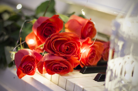 Red roses on a white piano with garlands and decorative cellの写真素材