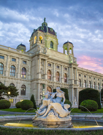 Maria Theresa Square in Vienna. Museum of Natural History in Vienna. Art History Museum in Vienna and the fountain Triton and Naiad.のeditorial素材