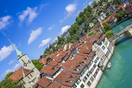 View of Bern. Aare river. Church Nidde Kirche
