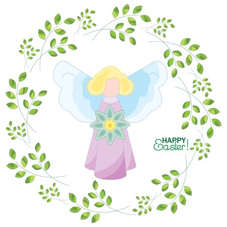 Angel with a flower on a background with sprigs. Happy Easter!のイラスト素材