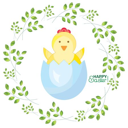 Chicken in the eggshell on a background with sprigs. Happy Easter!のイラスト素材