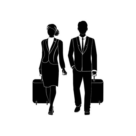 Businessman or a manager comes with a suitcase for traveling. Large briefcase on wheels. The concept of the beginning of travel. Flat vector illustration. Business woman  with a suitcase for travelingのイラスト素材