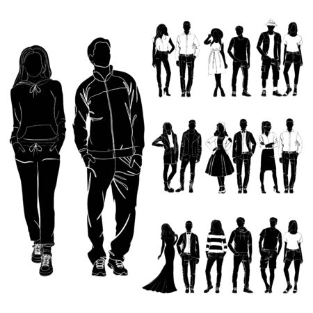 Set of trendy guys and girls vector. Fashionable man and woman vector. Fashionable young couples. Fashion concept vector black on the white background isolated. Clothes for different occasions.のイラスト素材