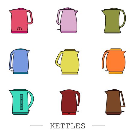 kettles icon color set vector.  kettle electric color. Color Kettle with handle icon isolated on white background. Kettle in line art style vector icon. kettle electric color emblem signのイラスト素材