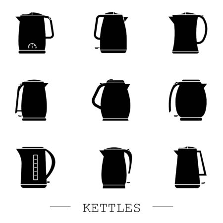 kettles icon set vector.   kettle electric black. Black Kettle with handle icon isolated on white background. Kettle in art style vector icon. kettle Teapot emblem. kettle electricのイラスト素材