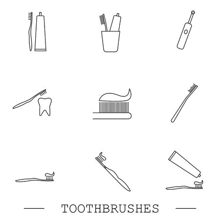 Toothbrush icon set. Teeth cleaning. Electric or conventional toothbrushes. Line with editable stroke. Collection of linear icons. Dental toothbrush icons set. Line set of dental  toothbrush vector のイラスト素材