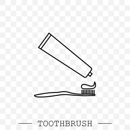 Vector line icon of toothbrush and a tube of toothpaste. Toothpaste is squeezed from a tube onto a toothbrush.Toothbrush icon vector. Teeth cleaning. Line, linear with editable stroke. Dental のイラスト素材