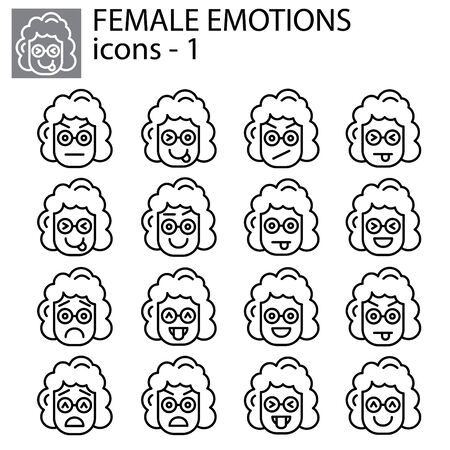 Creative vector icon set - Emoticons female. Set of smiley girl icons: different emotions. Vector icons of smiley facesのイラスト素材