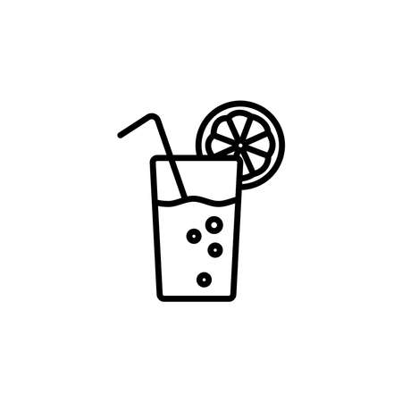 glass of lemonade with straw and lemon slice linear vector icon. Cold beverage in glass with lemon and straw line thin sign. Refreshing summer drink, cocktail concept. outline symbol.のイラスト素材