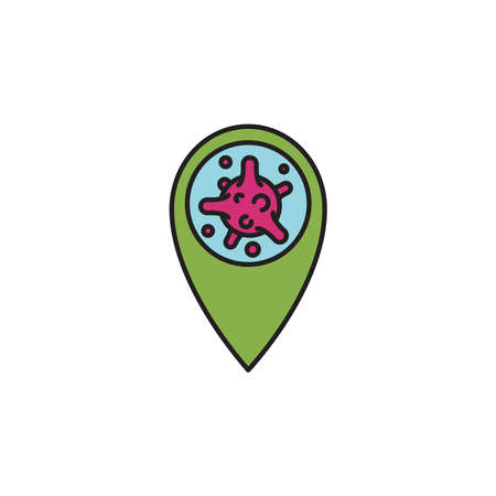 Virus, bacteria and map pointer line, linear icon, symbol, sign. coronavirus, COVID-19 icon  color on white background.のイラスト素材