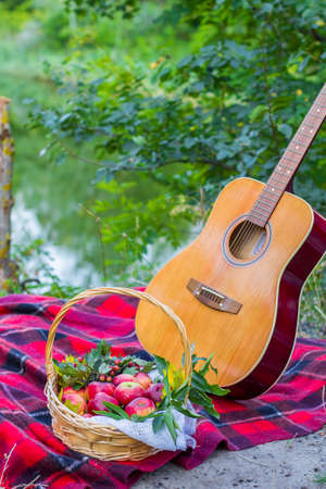 Picnic in nature. Picnic near river. Guitar and red apples in wicker basket on plaid blanket near river.の写真素材