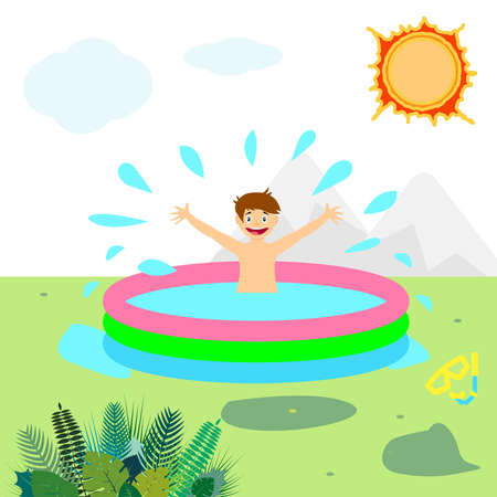 Boy splashing water in pool vector. summer holiday. children's bathsのイラスト素材