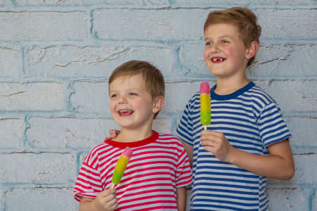 Two happy smiling boys are eating ice cream. Children hugging eat fruit frozen ice