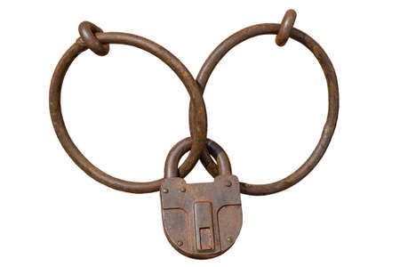 Locked rusty padlock on metal rings. Isolated on white
