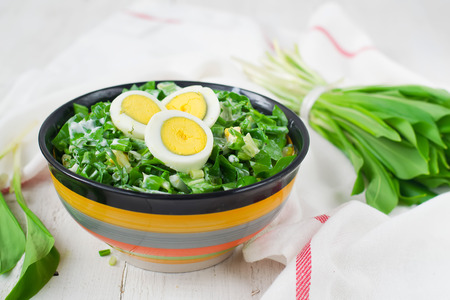 Ramson and boiled eggs. Set for spring saladの写真素材