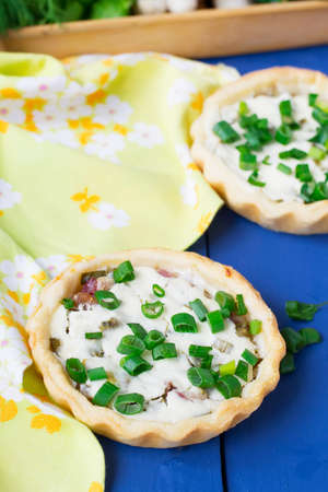 mini tarts with green onions, bacon and cottage cheeseの写真素材