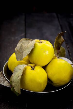 quince in the iron plate on a dark backgroundの写真素材