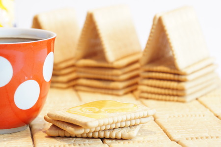 Cracker house of crackers. Crackers and coffee. Crackers in the background.の写真素材