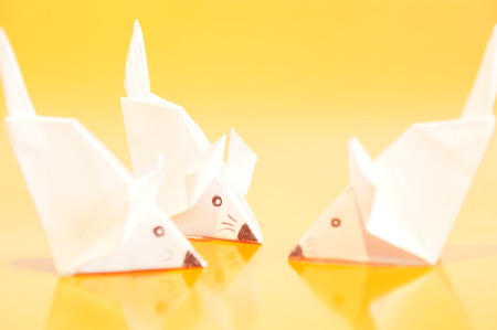 Paper origami mouse isolated on the colorful backgroundの写真素材