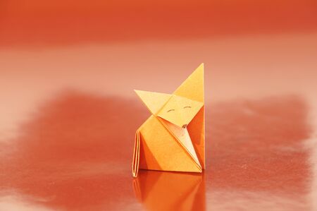 Paper origami fox isolated on a colorful backgroundの写真素材