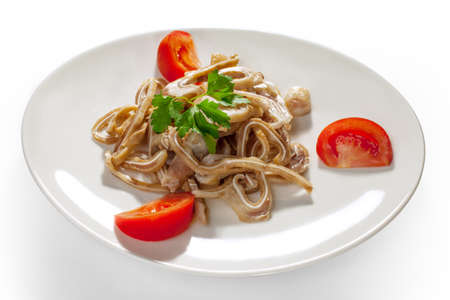 marinated pork on white backgroundの写真素材