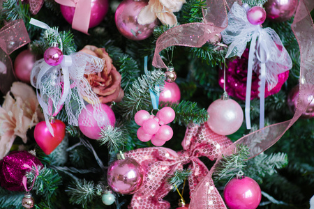 christmas tree decorations in a pink colors.の写真素材