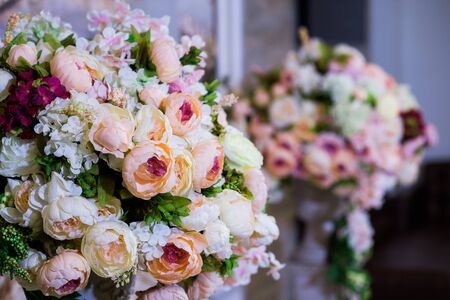 Beautiful flower decorations at restaurant on wedding.の写真素材