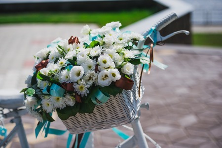 flower decorated bicycle at wedding registration ceremony.の写真素材