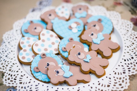 Top view of cute bears cookies on a plate.の写真素材