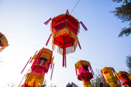 Chinese paper lanterns in templesの写真素材