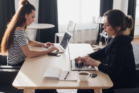 One-on-one meeting. Two young business women sitting at table in cafe. Girl using smartphone. Teamwork, business meeting. Freelancers working.の写真素材
