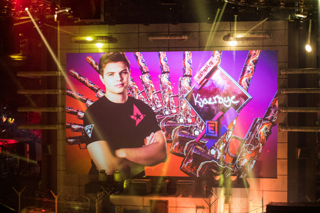 SAINT PETERSBURG, RUSSIA - OCTOBER 28 2017: EPICENTER Counter Strike: Global Offensive cyber sport event. Main venues screen with Kjaerbye from Astralis teamのeditorial素材