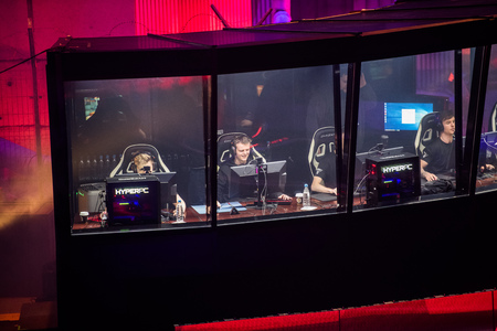 SAINT PETERSBURG, RUSSIA - OCTOBER 28 2017: EPICENTER Counter Strike: Global Offensive cyber sport event. Team Astarlis cabin and players preparing before the game.のeditorial素材