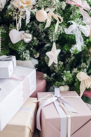 Christmas gift or present box wrapped in kraft paper.の写真素材
