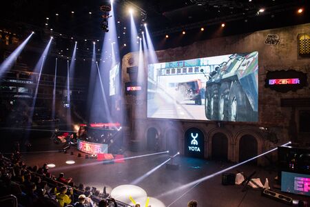 MOSCOW, RUSSIA - OCTOBER 27 2018: EPICENTER Counter Strike: Global Offensive esports event. Main stage venue, big screen and lights before the start of the tournament.のeditorial素材