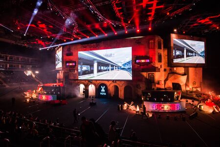 MOSCOW, RUSSIA - OCTOBER 27 2018: EPICENTER Counter Strike: Global Offensive esports event. Main stage venue, big screen and lights before the start of the tournament.