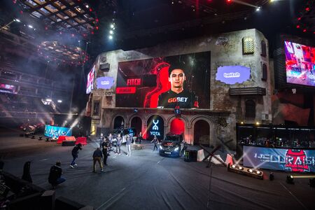 MOSCOW, RUSSIA - OCTOBER 27 2018: EPICENTER Counter Strike: Global Offensive esports event. Introduction of the team Avangar. Player Bektiyar fitch Bahytov coming to the stage.のeditorial素材
