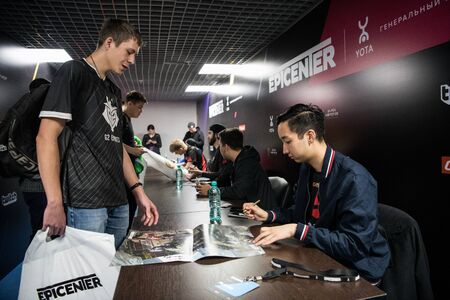 MOSCOW, RUSSIA - OCTOBER 27 2018: EPICENTER Counter Strike: Global Offensive esports event. Team Avangar players on autograph session with a fans.のeditorial素材