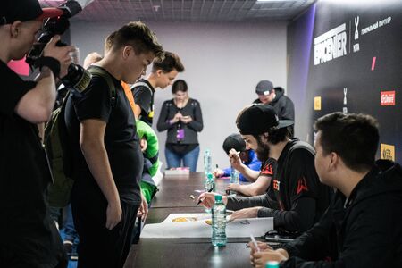 MOSCOW, RUSSIA - OCTOBER 27 2018: EPICENTER Counter Strike: Global Offensive esports event. Team Avangar players on autograph session with a fans.のeditorial素材