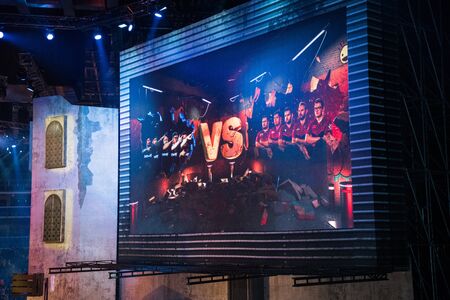 MOSCOW, RUSSIA - OCTOBER 27 2018: EPICENTER Counter Strike: Global Offensive esports event. Team NIP Ninjas in Pyjamas versus FAZE clan matchup on a screen.のeditorial素材