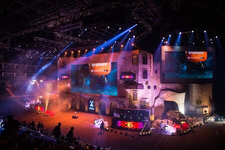 MOSCOW, RUSSIA - OCTOBER 27 2018: EPICENTER Counter Strike: Global Offensive esports event. Main stage venue, big screen and lights before the start of the tournament.のeditorial素材