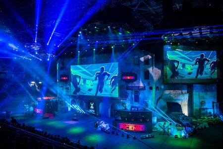MOSCOW, RUSSIA - OCTOBER 27 2018: EPICENTER Counter Strike: Global Offensive esports event. Main stage venue, big screen and lights illumination before the start of the tournament.のeditorial素材