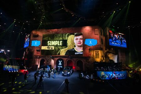 MOSCOW, RUSSIA - OCTOBER 27 2018: EPICENTER Counter Strike: Global Offensive esports event. Player Oleksandr s1mple Kostyliev on a main screen. Introduction of a team NaVi Natus Vincere before the match.のeditorial素材