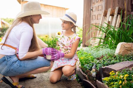 A young woman with a small daughter is planting a plant in a pot.の写真素材