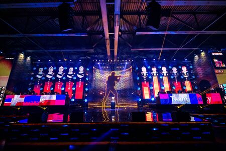 MOSCOW - DECEMBER 23 2019: esports Counter-Strike: Global Offensive event. Venue with a main stage, big screen and lights during the tournament game.のeditorial素材